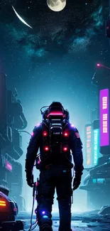 Astronaut walking in neon-lit cyber city at night.