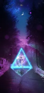 Neon astronaut in a mystical forest under a cosmic night sky.