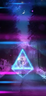 A neon-lit astronaut stands in a mystical forest with vibrant purples and blues.