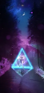 Astronaut in a neon triangle surrounded by a mystical forest under a starry sky.