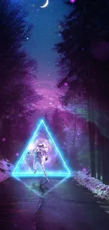 Neon astronaut in a mystical forest with vibrant colors and cosmic elements.