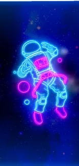 Vibrant neon astronaut floating in space with a glowing, cosmic background.