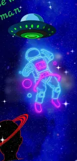 Neon astronaut with UFO in a galaxy backdrop.