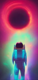 Neon astronaut facing a glowing cosmic vortex in space.