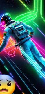 Neon astronaut floating through space wallpaper with vibrant colors.