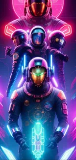 Futuristic neon astronauts in vibrant colors on a digital wallpaper.