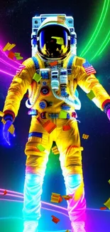 Neon astronaut in colorful cosmic background wallpaper.