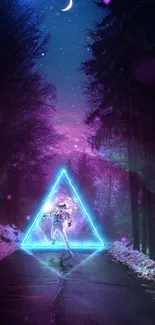 Neon-lit astronaut in forest with glowing triangle and purple night sky.