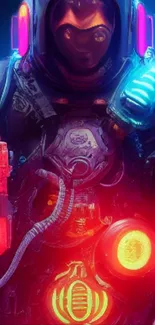 Vivid neon astronaut with futuristic gear glowing in sci-fi digital art design.