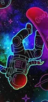 Neon astronaut skateboarding in galaxy.