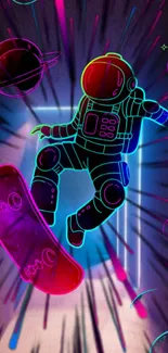 Neon astronaut skateboarding in space art.