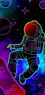 Neon astronaut floats in cosmic space with planets and stars.