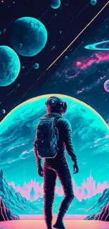 Neon astronaut exploring a cosmic landscape with vibrant planets and stars.