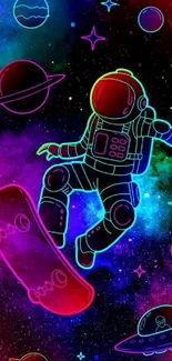 Neon astronaut skateboards through a colorful galaxy with planets and stars.