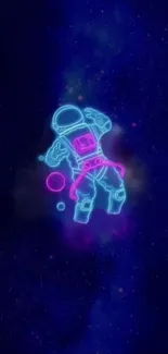 Neon astronaut floating in cosmic space art with blue and pink hues.