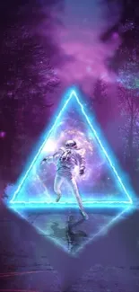 Astronaut in neon triangle in a purple forest.