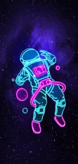 Neon astronaut floating in space with galaxy background.