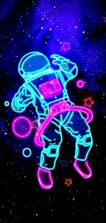 Neon astronaut floating in a cosmic purple galaxy background.