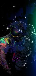 Neon astronaut floating in a vibrant cosmic space.