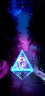 Neon astronaut in glowing triangle in a purple night forest.