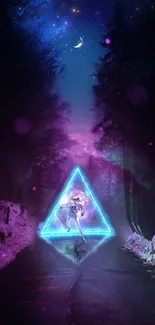 Futuristic neon forest with triangular portal under a cosmic sky.