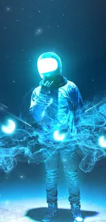 Neon astronaut in blue mist with glowing cosmic elements.