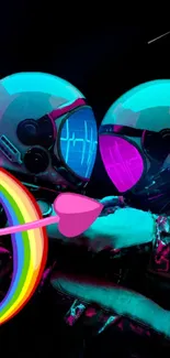 Two neon astronauts embrace under a rainbow heart.