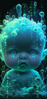 Neon baby surrounded by abstract liquid forms in vibrant teal hues.