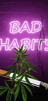 Neon 'Bad Habits' sign with cannabis leaves and cigarette on purple background.