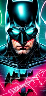 Batman with neon lights in vibrant wallpaper design.