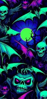 Neon wallpaper with skulls and bats under a moon.