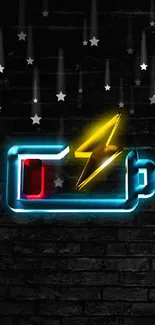 Neon battery icon with lightning on brick wall background.