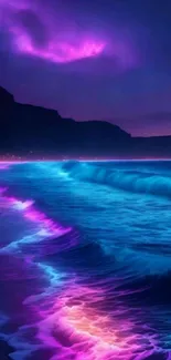 Neon-lit ocean waves under a starry night sky.