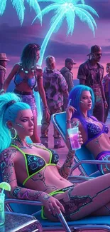 Futuristic neon beach party with vibrant colors.