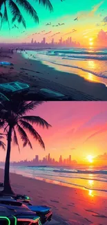 Neon beach sunset with palm trees and a city skyline in vibrant colors.