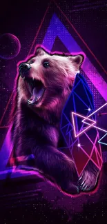 Neon bear with geometric shapes in abstract art style.