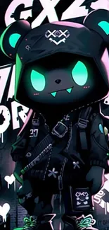 Neon-eyed bear in dark streetwear art.