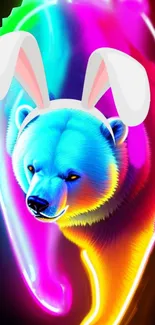 Neon bear with bunny ears on a colorful, glowing background.