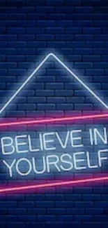 Neon sign reading 'Believe in Yourself' on dark bricks.