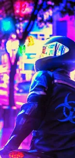 Futuristic biker in vibrant neon cityscape.