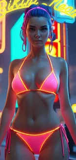 A neon-themed urban wallpaper featuring a bikini design in a vibrant city setting.