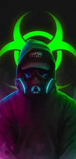 Neon green biohazard symbol with gas mask figure.