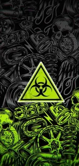 Neon green biohazard grunge wallpaper for mobile displaying skulls and gears.