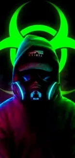 Bright neon wallpaper of hooded figure with gas mask on a biohazard backdrop.