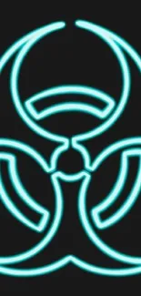 Neon cyan biohazard symbol on black background for mobile wallpaper.