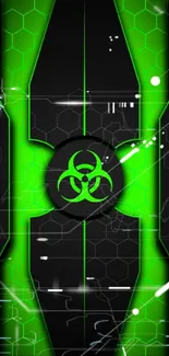 Neon green biohazard tech wallpaper with hexagonal pattern.