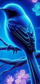 Neon blue bird perched on a branch with glowing flowers.