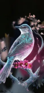 Neon glowing bird on a mystical branch wallpaper.