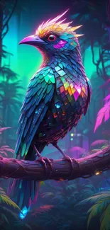 Colorful bird perched in a magical forest.