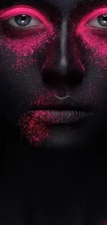 Close-up of neon blacklight art portrait with pink details.